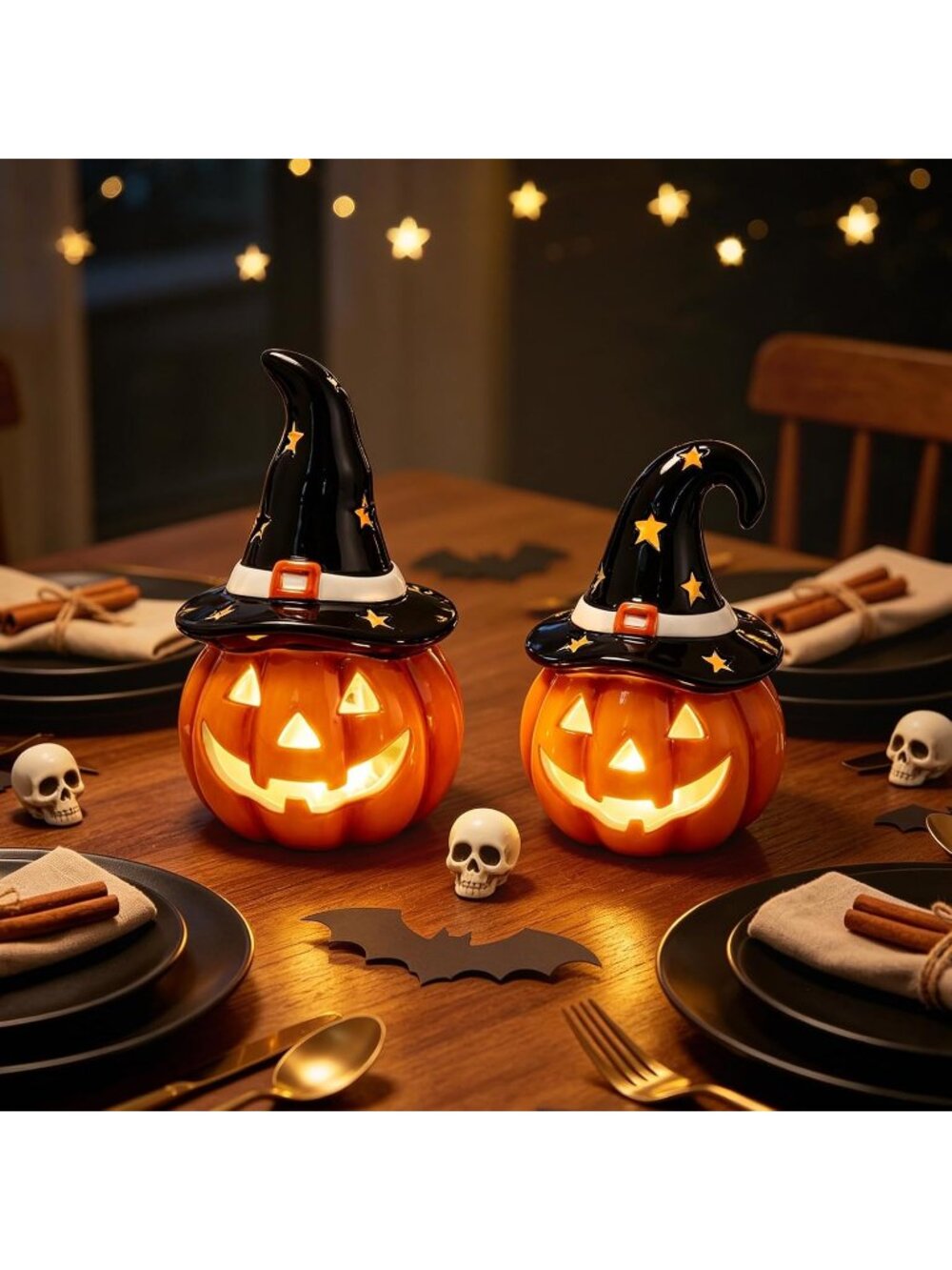 New Halloween Pumpkin Lights Ceramic Jack O Lantern LED Table Decor 2PCS - Picture 3 of 6